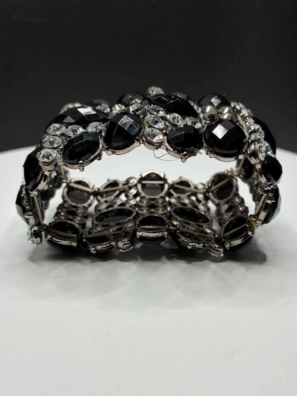 Bold Vintage Black & Silver Crystal Stretch Statement Bracelet